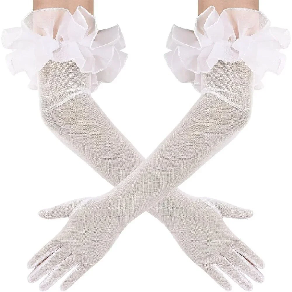 Women's Long Ivory Ruffle Puff Cuff Sleeve Mesh Gloves Wedding Party Costume